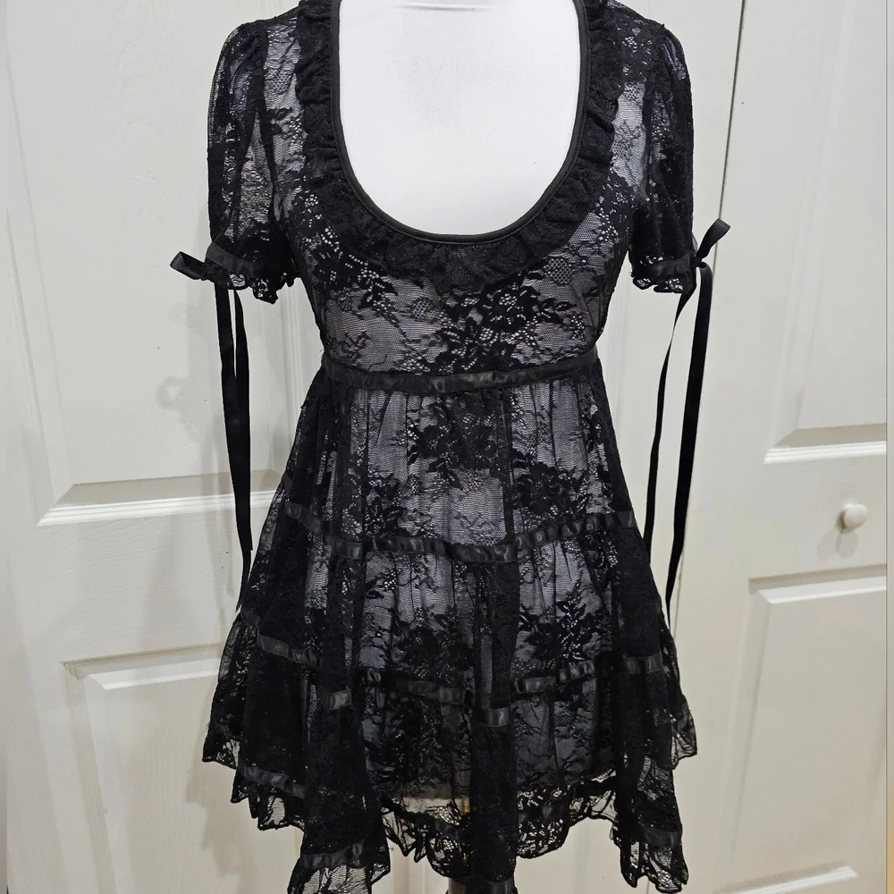 Dolls Kill Sexy Goth Lace House On The Hill Little Black Babydoll Mini Dress S - Picture 10 of 14
